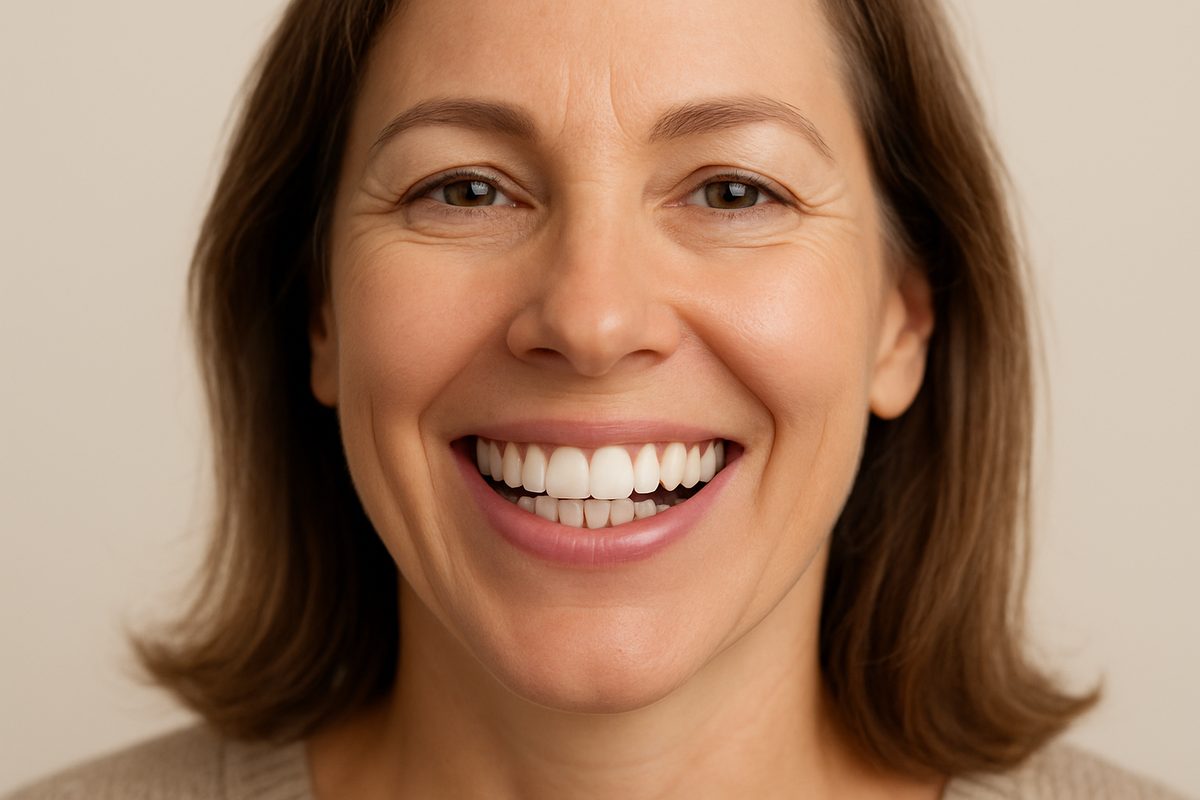 Image of a patient smiling, with a dental implant seamlessly integrated among natural teeth. The patient should appear confident and happy, highlighting the natural look and feel of the implant. No text on the image.