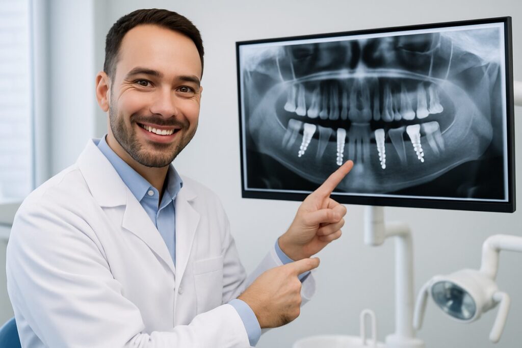 Image of a dentist smiling while pointing to a mouth x-ray with dental implants. The image should convey a sense of expertise, advanced technology, and patient care. No text on the image.