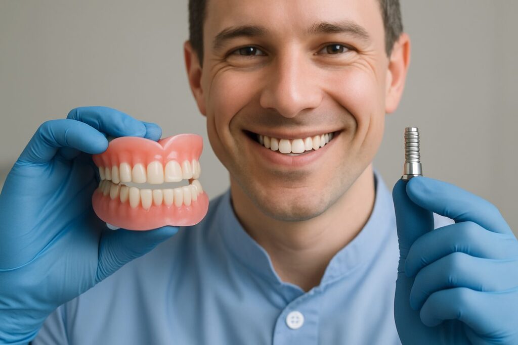Close up image of a dentist smiling and holding a complete set of upper and lower dentures, next to a dental implant screw. No text on image.