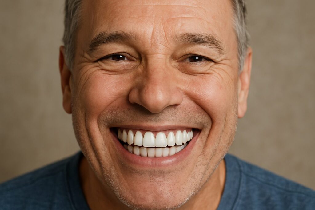 A person with a wide smile showcasing a full set of dental implants. The image includes a close-up of the implants, highlighting their natural appearance and seamless integration with the gums. No text on image.