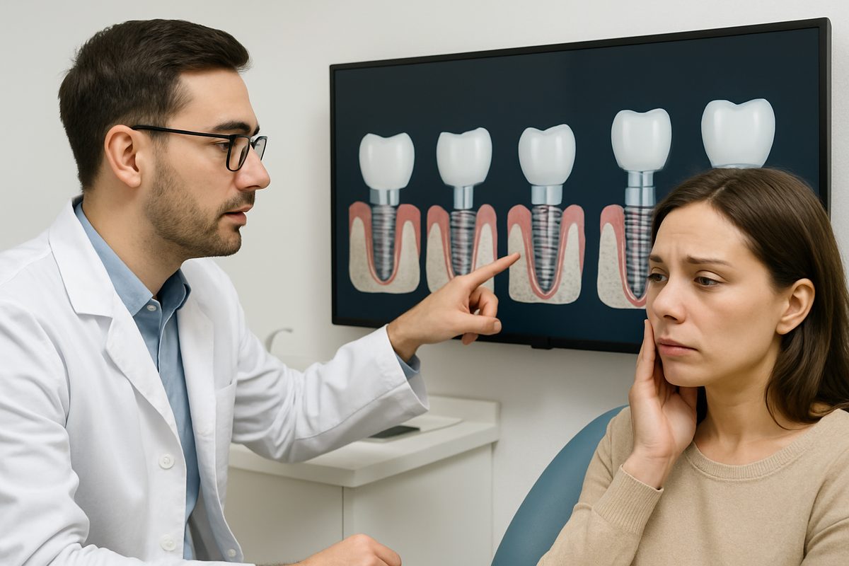 A dentist is consulting with a patient, showing various dental implant options on a digital display. The patient is looking attentively, with a concerned expression, while the dentist points to the screen. No text on image.