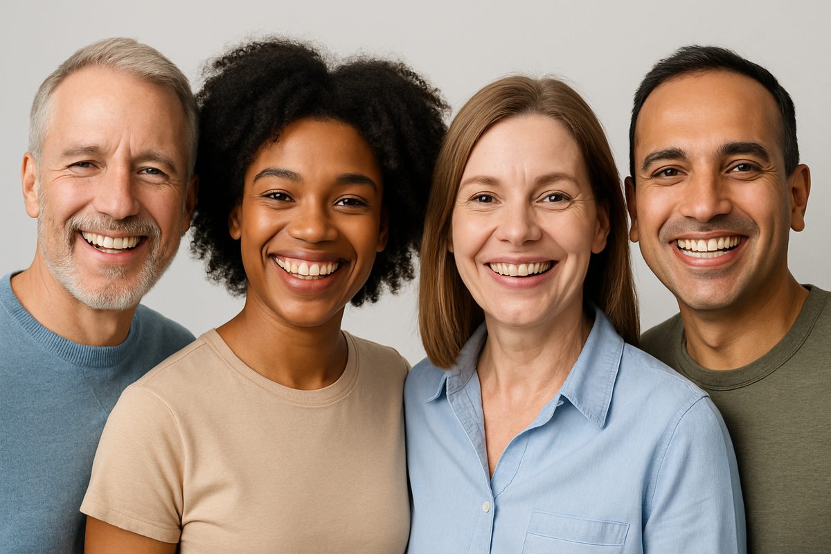 Image of a diverse group of people smiling confidently, showcasing various teeth replacement options, including dental implants, bridges, and dentures. No text on image.