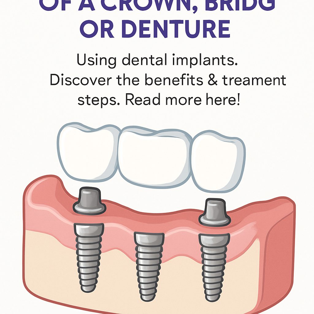 Image showcasing the three different types of anchoring of a crown, bridge, or denture. The first is a single tooth implant with a crown, the second is an implant-supported bridge, and the third is an implant-retained denture. No text on the image.